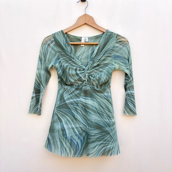 Sweet Pea by Stacy Frati Tops - Sweet Pea Going Out Top Womens Small Green Abstract Mesh Twist Front 3/4 Sleeve